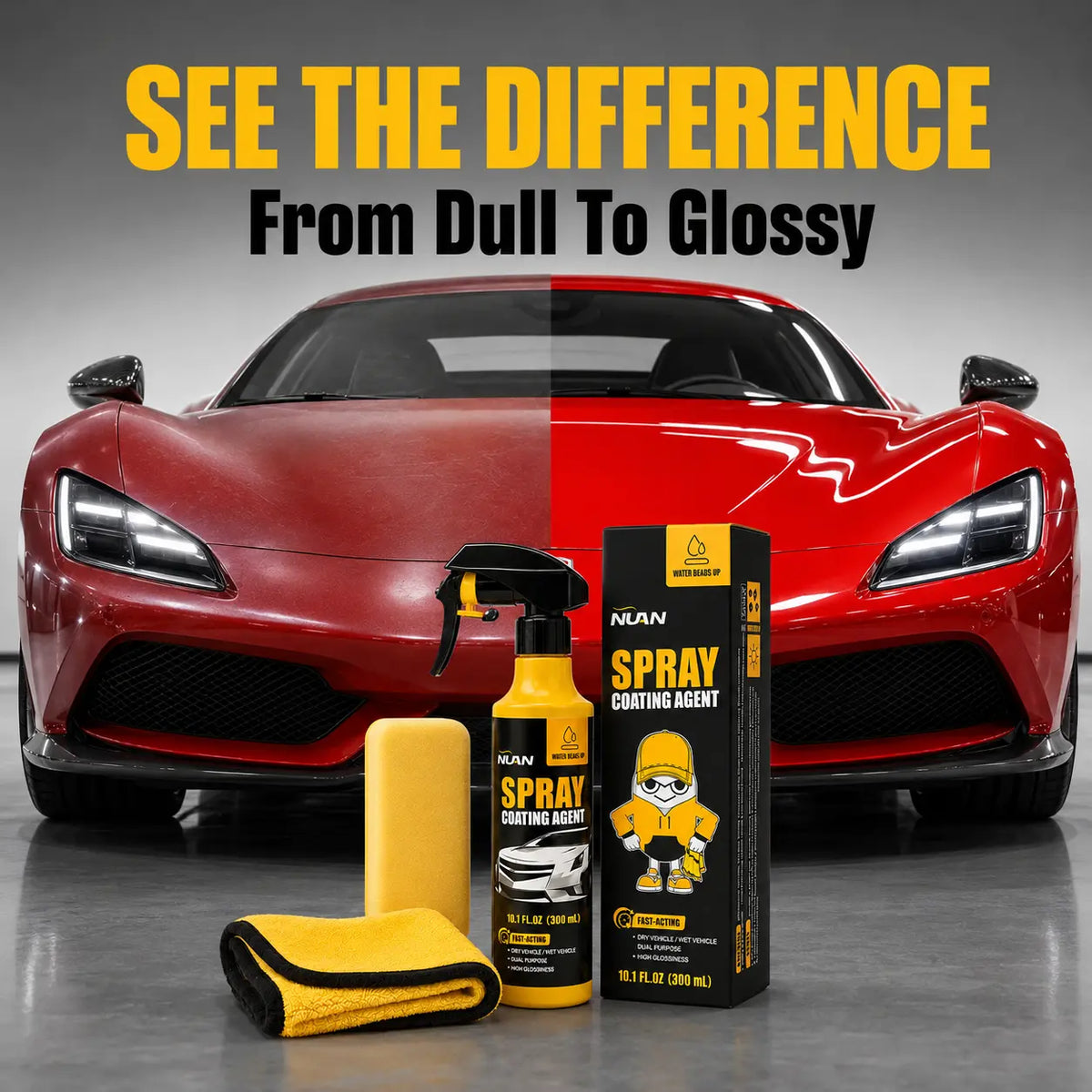 NUAN Car Paint Coating - Ceramic Coating Spray for Cars, 3-In-1 Waterless Wash & Wax, Hydrophobic Paint Protection, High Gloss Shine, Sio2 Ceramic Spray, Wax Polish Spray, Ph Neutral Car Wash, Headlight Coating, Ceramic Coating Kit, Water Beading Spray