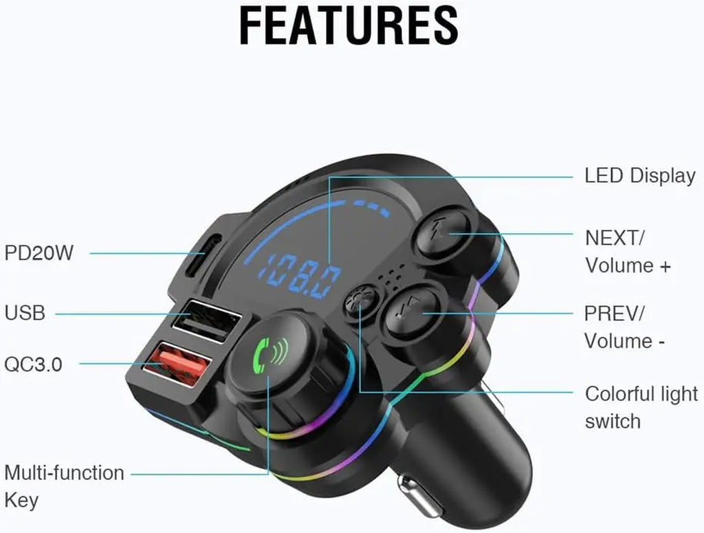 Bluetooth 5.3 FM Transmitter for Car, Car Bluetooth Adapter QC3.0 & PD20W, MP3 Music Player Supports TF Card & USB Disk, Wireless Radio Receiver Hands-Free Calling LED Display, Black