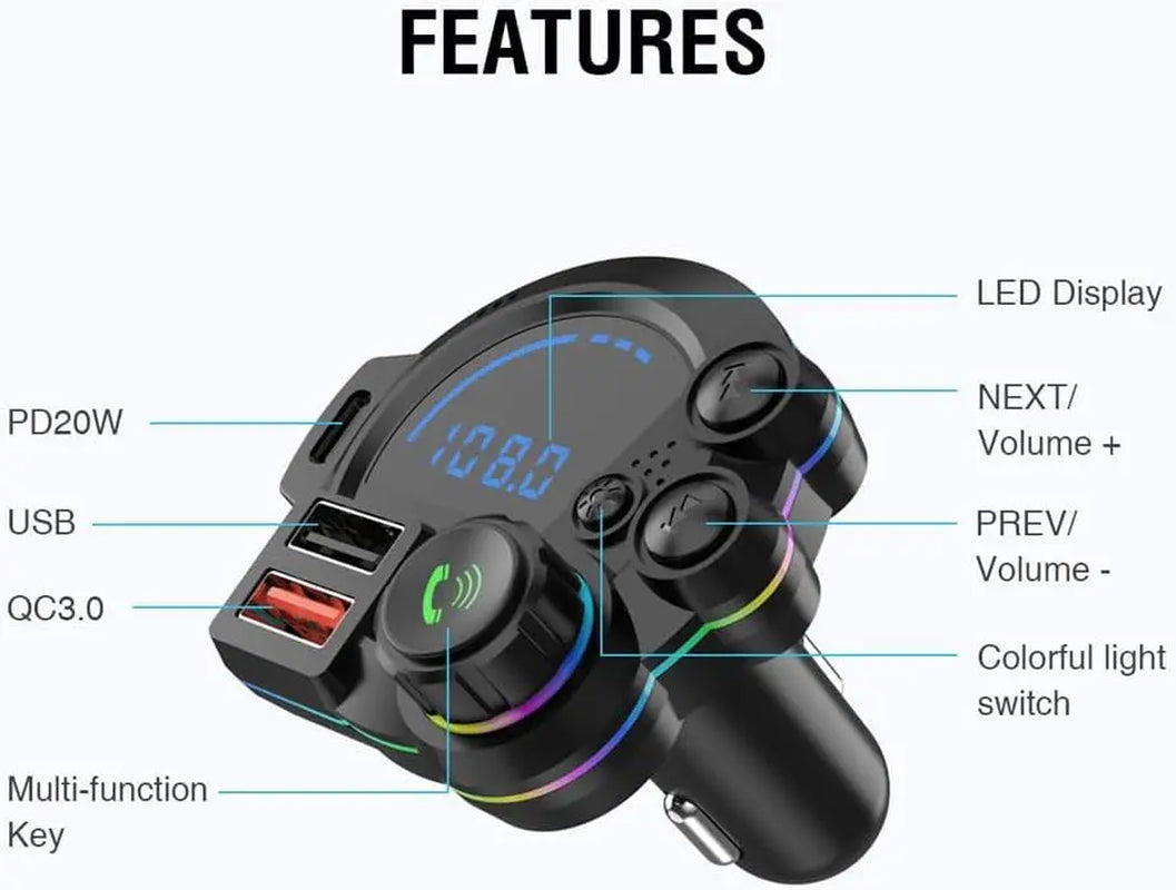 Bluetooth 5.3 FM Transmitter for Car, Car Bluetooth Adapter QC3.0 & PD20W, MP3 Music Player Supports TF Card & USB Disk, Wireless Radio Receiver Hands-Free Calling LED Display, Black