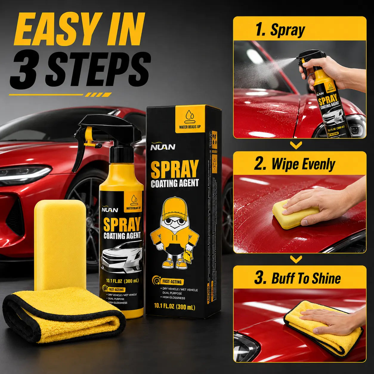 NUAN Car Paint Coating - Ceramic Coating Spray for Cars, 3-In-1 Waterless Wash & Wax, Hydrophobic Paint Protection, High Gloss Shine, Sio2 Ceramic Spray, Wax Polish Spray, Ph Neutral Car Wash, Headlight Coating, Ceramic Coating Kit, Water Beading Spray