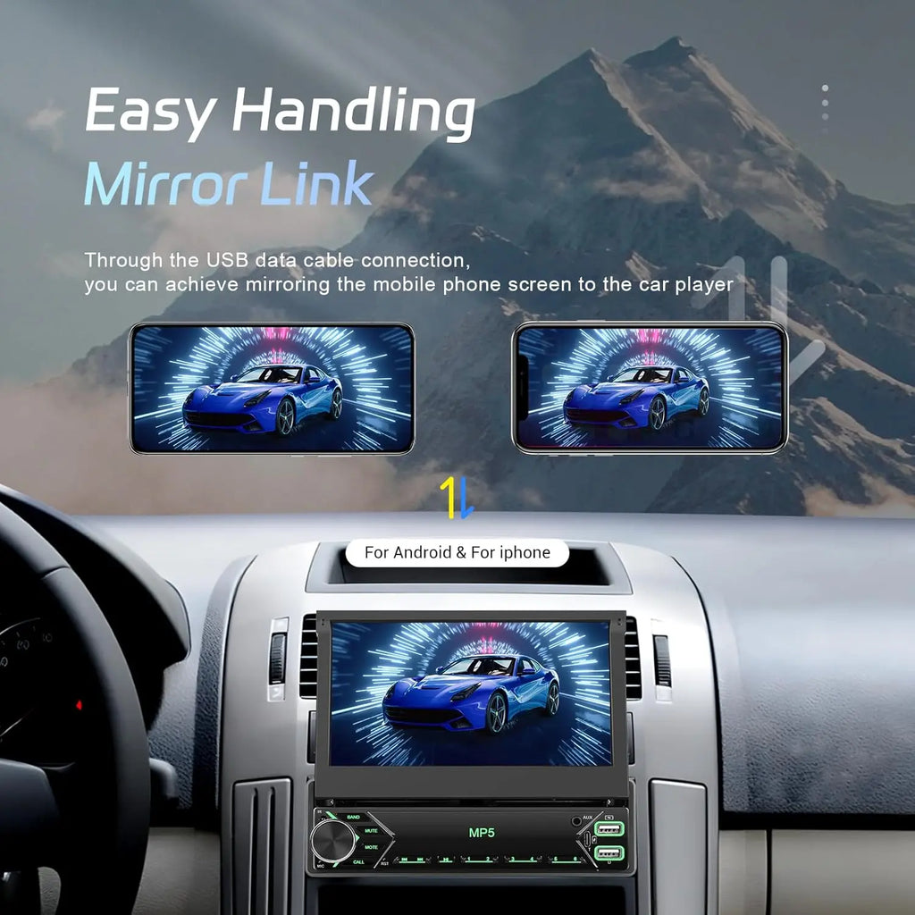 7 Inch Flip Out Single Din Touchscreen Car Stereo - Automotive Car Accessories with Bluetooth, FM Radio, Android/Ios Mirror Link, TF/USB Support, Camera, MIC, Multilingual (Russian, Spanish, Korean) (Summervibes Father'S Day Gift)