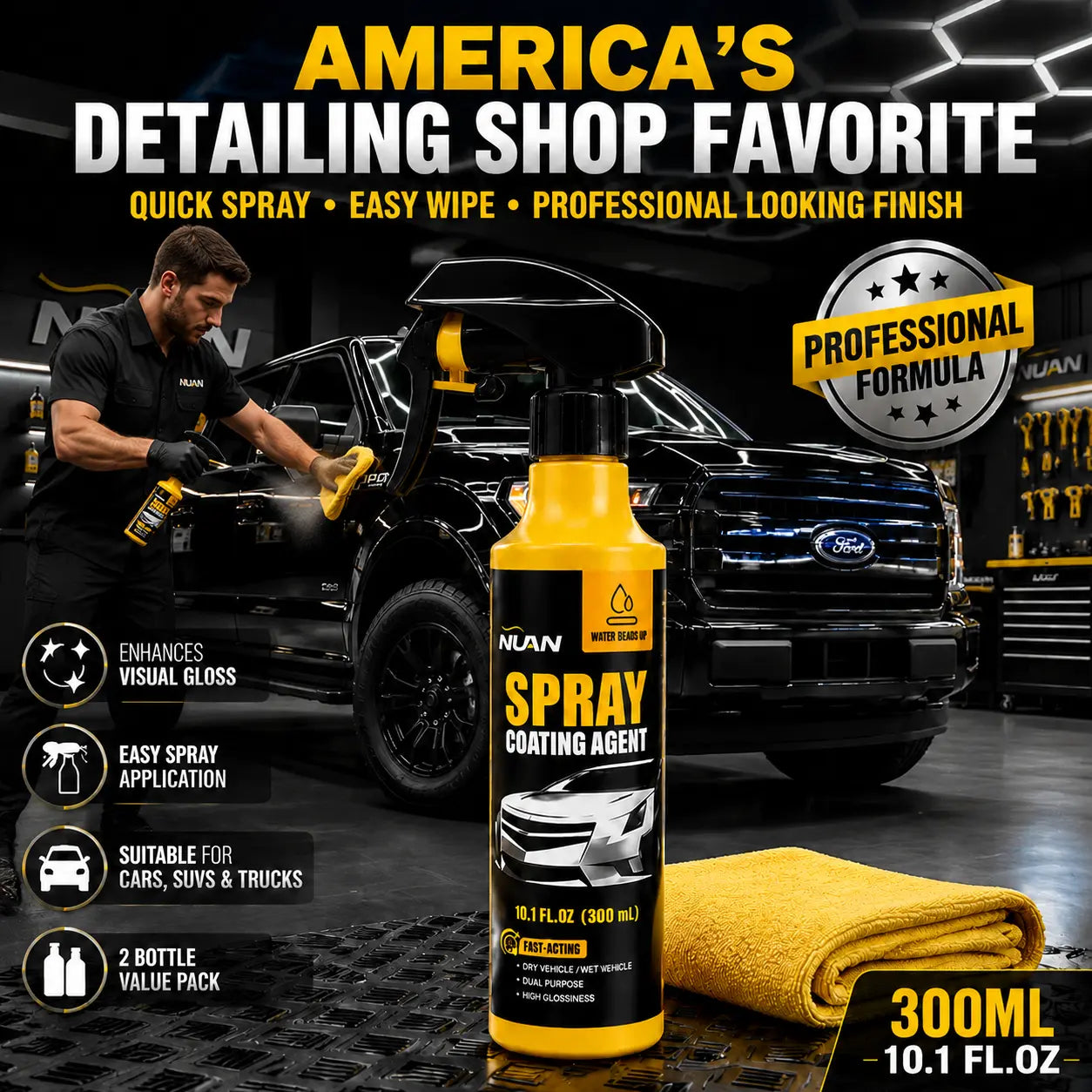 NUAN Car Paint Coating - Ceramic Coating Spray for Cars, 3-In-1 Waterless Wash & Wax, Hydrophobic Paint Protection, High Gloss Shine, Sio2 Ceramic Spray, Wax Polish Spray, Ph Neutral Car Wash, Headlight Coating, Ceramic Coating Kit, Water Beading Spray
